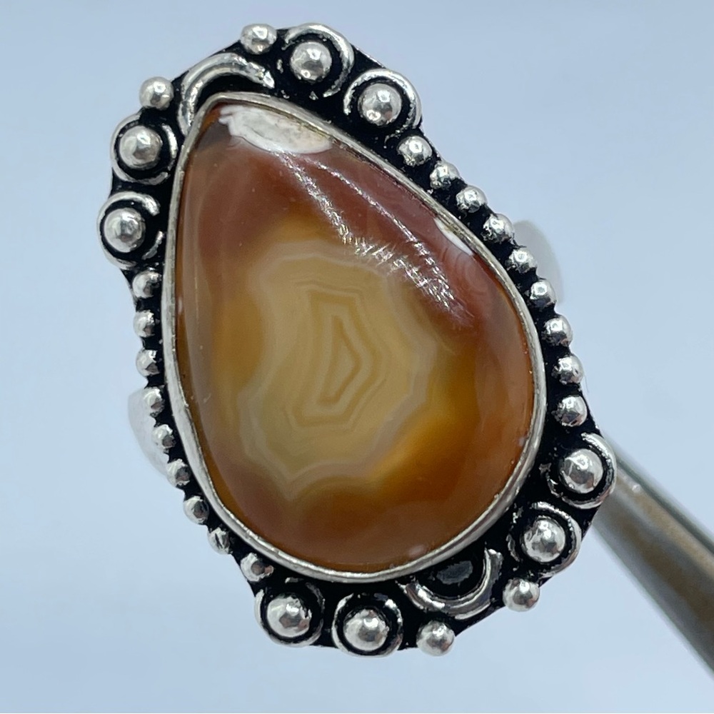 Vintage Teardrop Agate Statement Ring Silver Boho Southwestern Size 10.5